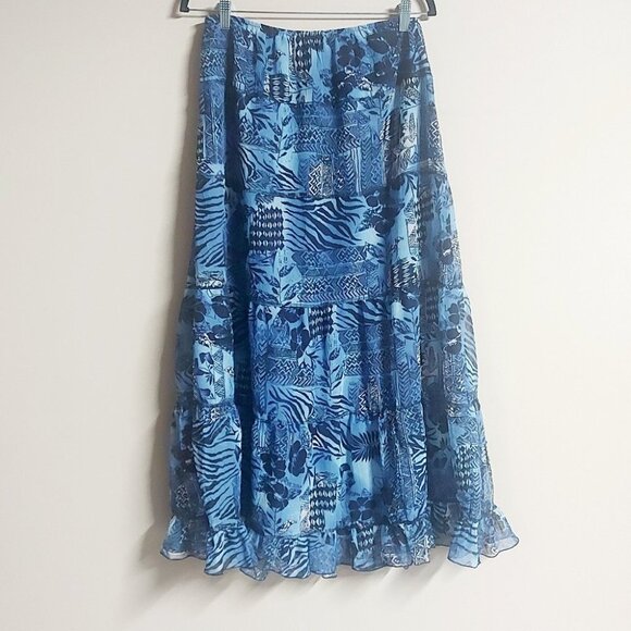 Vintage Mix Print Blue & Black A-Line Maxi Skirt - Picture 2 of 7